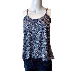 First Love Women Camisole Tank Top Spaghetti Strap Geometric Blue White SZ Small